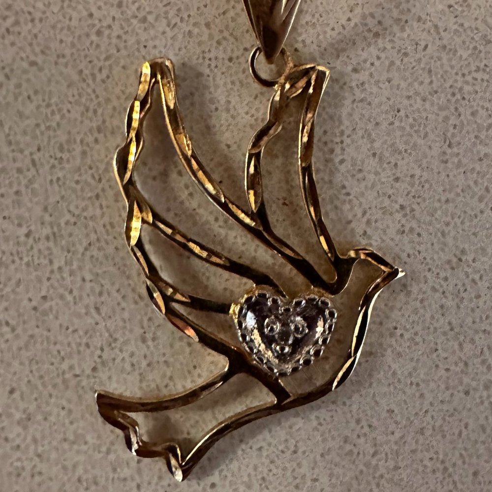 Dove Pendant With Diamond Heart And 16" Gold Over Silver Chain